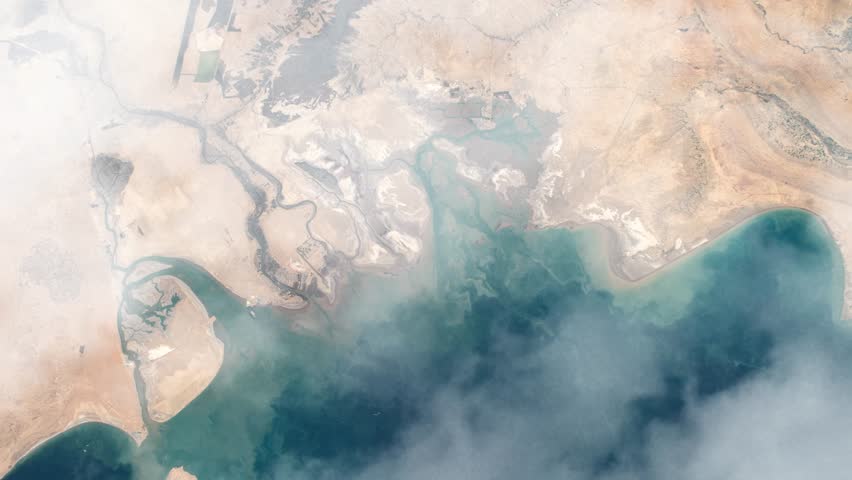 Flying over Basra Iraq river delta view from space satellite view with clouds based on Nasa imagery