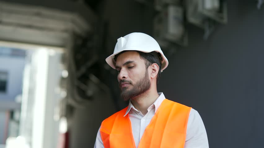 Portrait of smiling professional engineer wearing safety helmet and vest standing at factory. Headshot of happy bearded handsome male industry manager in uniform posing looking at camera. Close up