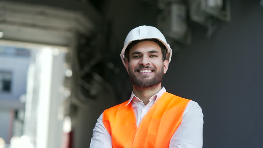 Portrait of smiling professional engineer wearing safety helmet and vest standing at factory. Headshot of happy bearded handsome male industry manager in uniform posing looking at camera. Close up