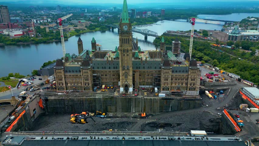 Construction of the Parliament Hill Ottawa Canada Twilight Flyover Tourist Welcome Center involving deep excavations, drone footage, and 4k aerial views 1-3
