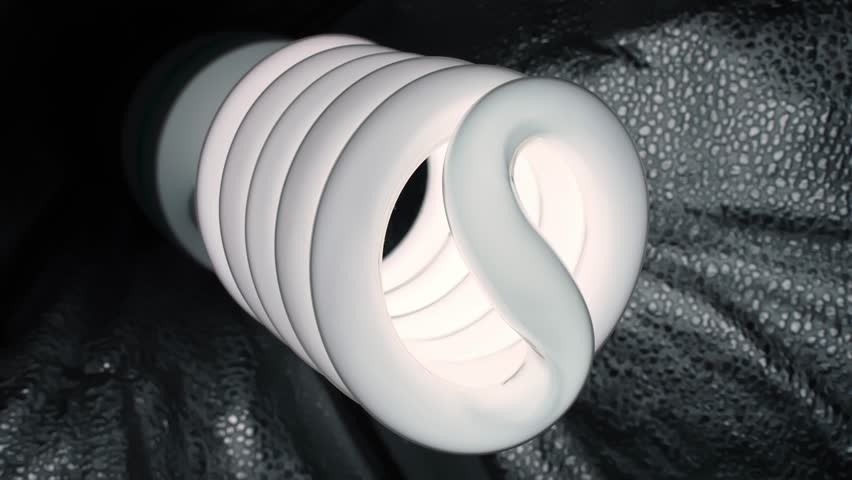 Close-up spiral CFL bulb inside reflective silver fabric background of softbox, moody studio still life for energy saving, sustainability, and electricity cost concepts.
