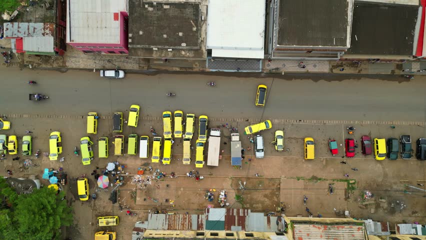View from above of a taxi rank in the city center of São Tomé,Africa