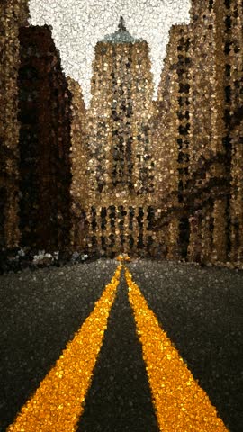 Low angle perspective of a wide empty city road with bright yellow double lines leading toward a massive historic stone skyscraper under a cloudy sky, made of cubes