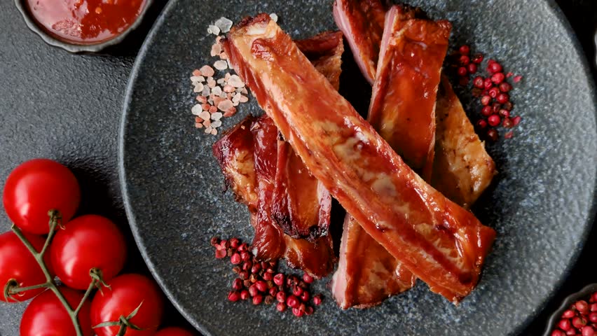 Grilled or barbecued pork or beef ribs with sauce. Cooked or smoked ribs as a food backdrop for your design
