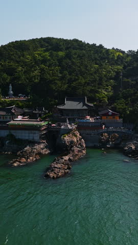 Aerial portrait in front of the Haedong Yonggungsa Temple in Busan, South Korea