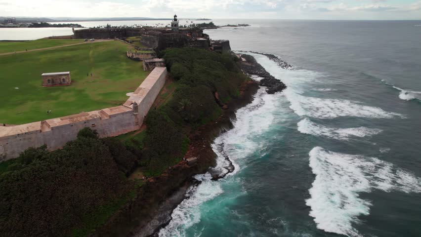 Aerial view of El Morro Castillo historic site in Old San Juan, Puerto Rico, 4K