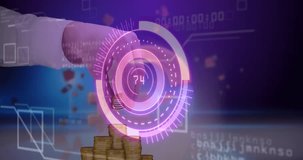 UI appearing over coins, hand hovering and adjusting while rings cycling numbers monitoring value. Holographic, interface, magenta, purple, futuristic, digits, progress - Powered by Shutterstock - Get 15% off with code: PIKWIZARD15