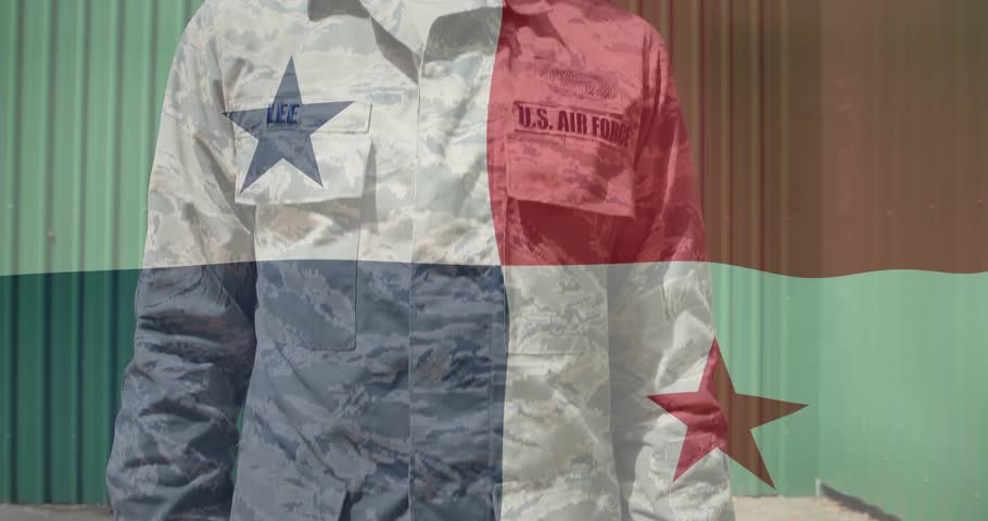Air Force member raising arm and saluting, honoring flag as camera tightens and overlaying uniform. Military, camouflage, patriotism, discipline, ceremony, hangar, cinematic
