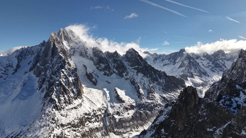 Snowy Mont Blanc peaks in Chamonix France aerial view