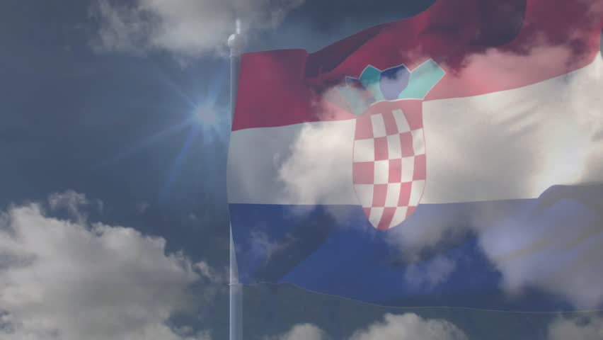 Croatian tricolor flag unfurling and billowing while breeze rising, coat of arms twisting. Banner, ensign, windy, motion, flutter, checkered, emblem