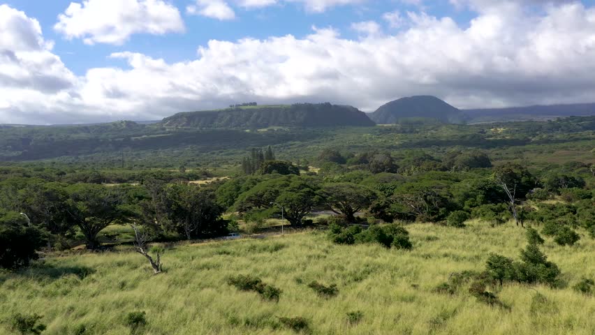 Drone Aerial Over Lush Volcanic Valley on Big Island Hawaii with Dramatic Clouds