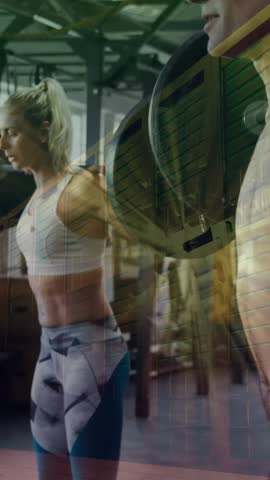 Vertical video: Bracing, two lifters doing synced barbell squats for fitness, overlay on profiles. Weights, gym, duo, strength, training, athletic, vertical video