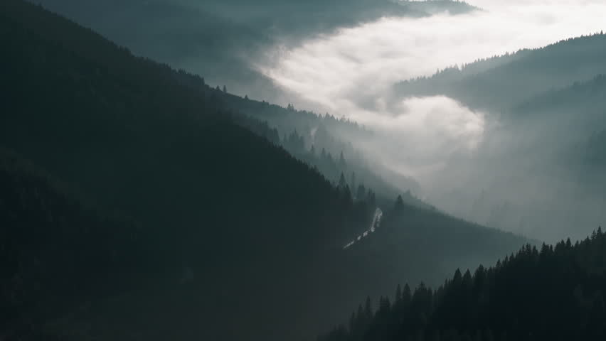 Aerial shot of sunny fog in a deep mountain valley at dawn, Bicaz Gorges