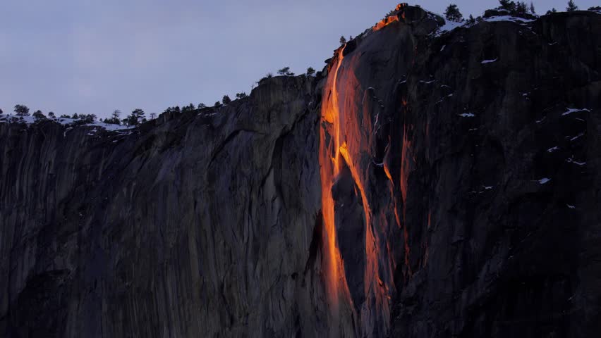 Horsetail Fall firefall event in Yosemite National park, California as it nears end.