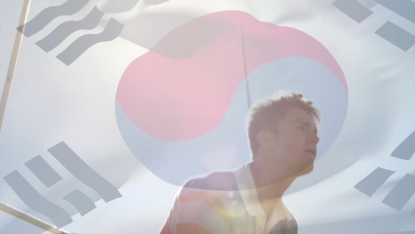 Rugby player gazing under translucent flag, reaching ball, uniting teammates for sports celebration. Athletes, teamwork, triumph, competition, outdoor, energetic, victory