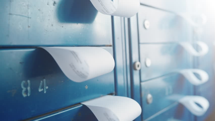 Utility Bill Papers Sticking Out of Blue Metal Mailboxes in Residential Building | Close-Up of Postal Boxes with Letters and Payment Notices