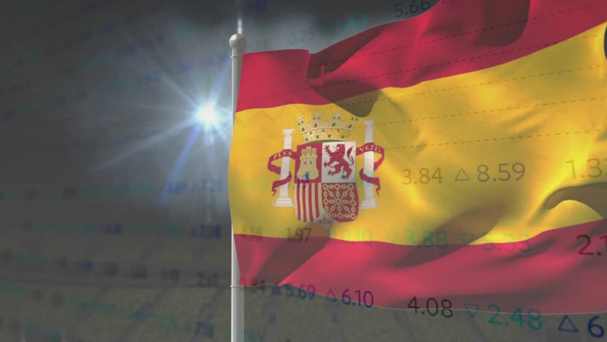 Flag billowing, gusts starting, emblem rotating and creasing, data overlay shifting for broadcast. Banner, ensign, tricolor, pole, starburst, outdoor, graphs