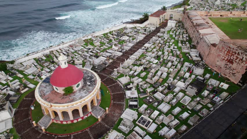 Cementerio Santa Maria Magdalena in Old San Juan, Puerto Rico, 4K aerial of beautiful cemetery.