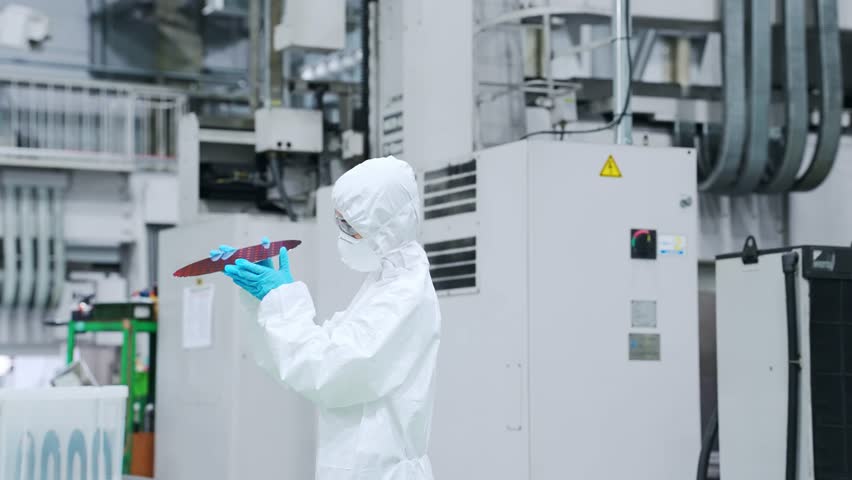 A female worker in a dustproof suit inspecting silicon wafers in a semiconductor factory