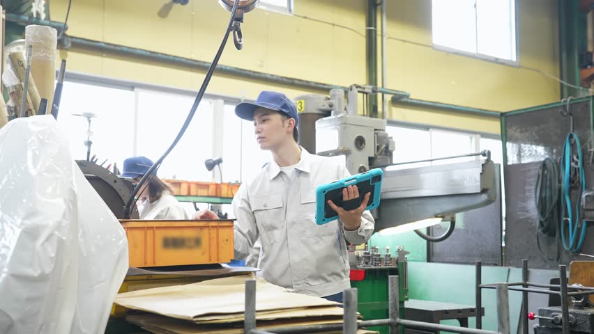 Group of workers holding tablets working in a factory