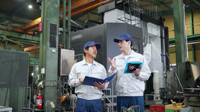 A group of workers inspecting the factory