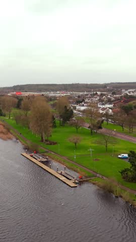 Overhead social ratio ratio vertical aerial video of the River Bann in Coleraine, Northern Ireland in the UK. Produced in 1080x1920, 60 frames per second and with Rec709 color.