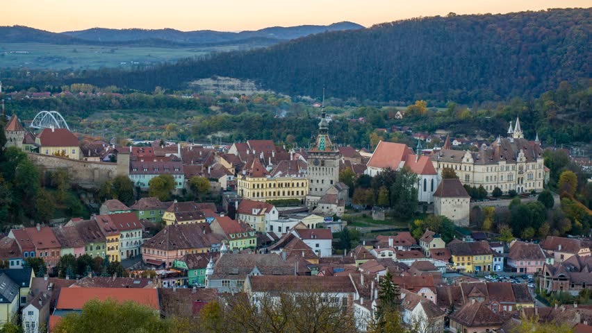 Time lapse of a sunset over the picturesque Romanian city of Sighisoara