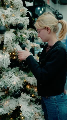 Young Woman Decorating Flocked Christmas Tree with Black Ornaments