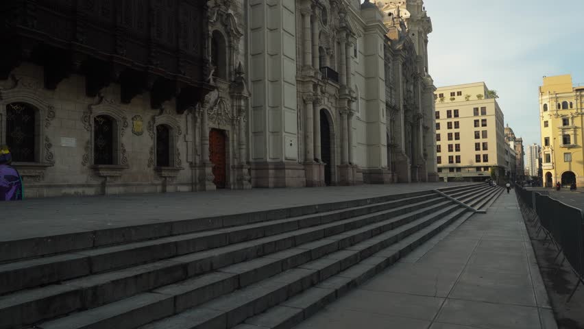 The Basilica Cathedral of Lima. Founded by Francisco Pizarro in 1535. A historic UNESCO world heritage site. Located in the city center of Lima, Peru. Camera slowly tilts up.