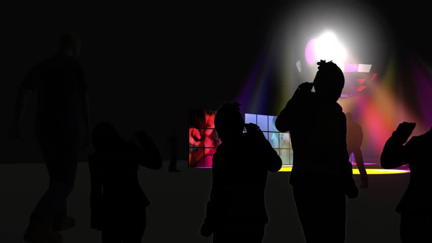 Silhouette of people dancing with colorful spotlights in high definition