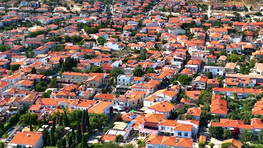 Aerial View of Mytilene Village on Samos, Greece, with Red-Tiled Roofs