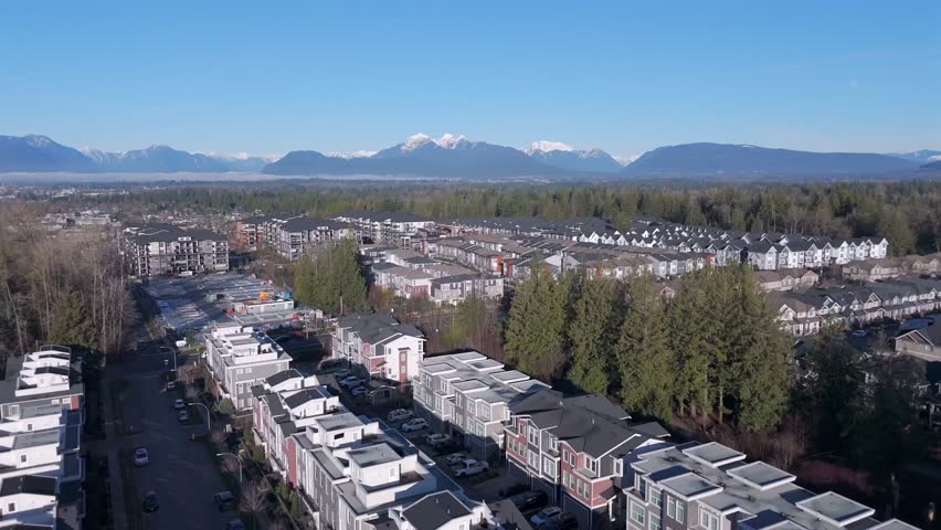 Residential Neighbourhood - Rows Of Houses And Townhouses In Langley, British Columbia, Canada. Aerial Shot