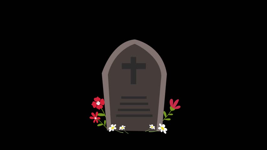 solemn memorial day scene featuring dark tombstone and waving national flags background