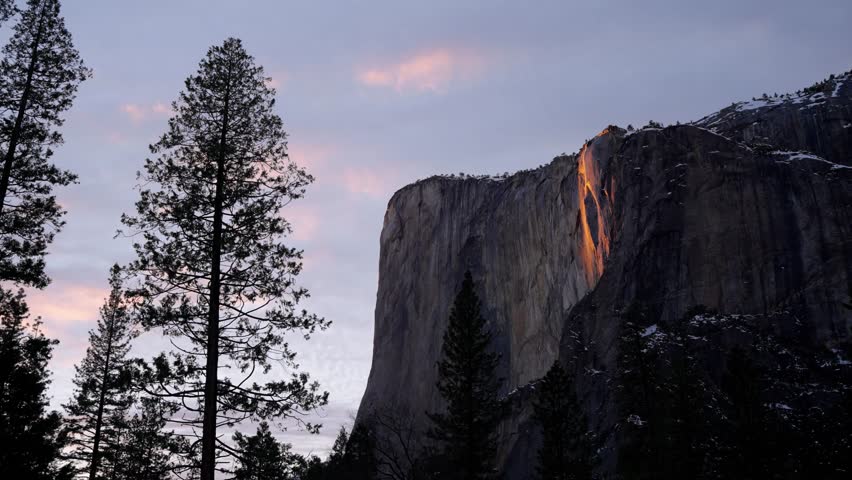 Firefall nearing end in Horsetail Fall in Yosemite National Park.