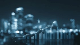 An abstract digital bar chart and line graph show an upward trend with a blurry city lights background, representing growth and development. - Powered by Shutterstock - Get 15% off with code: PIKWIZARD15