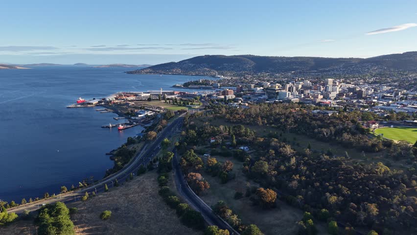 Queens Domain Tasman Bridge Hobart Tasmania Australia Aerial Drone 4K