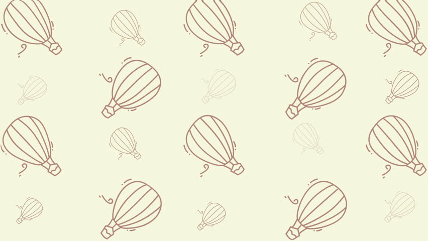 Holiday themed doodle pattern featuring cartoon hot air balloons on a tan background. Perfect for wrapping paper, greeting cards, and textiles.