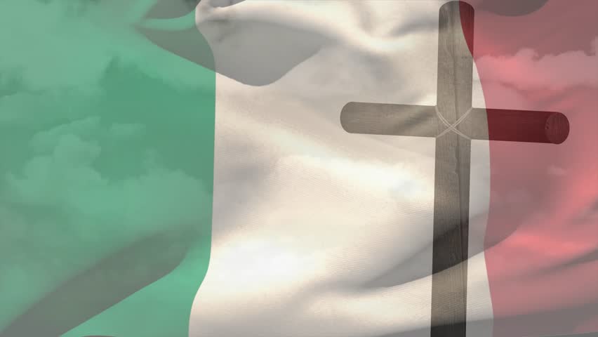 Tricolor flag billowing from light breeze, folds sweeping past cross arm, revealing cloud texture. Banner, ensign, flutter, wind, outdoor, sky, translucent