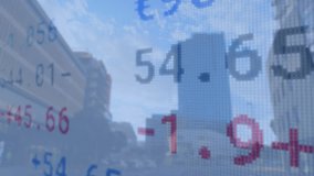 Glassy ticker updating after refresh, blocky digits shifting color or pos to show market over skyline. Urban, finance, display, overlay, translucent, pixelated, digital - Powered by Shutterstock - Get 15% off with code: PIKWIZARD15