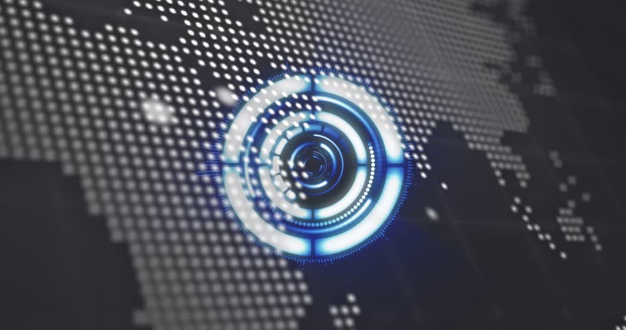 On startup blue ringed HUD appearing, rotating and pulsing as map and code shifting, showing status. Interface, neon, aperture, globe, grid, particles, futuristic