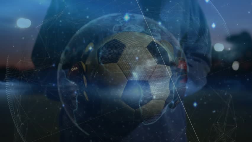 Woman holding soccer ball, sequence starting, holo grid and metrics rising around ball for sports. Orb, holographic, twilight, outdoor, training, athlete, telemetry