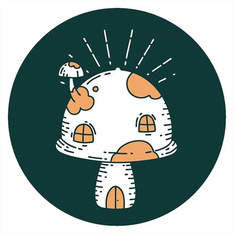 Simple looping animated icon of a tattoo style toadstool house