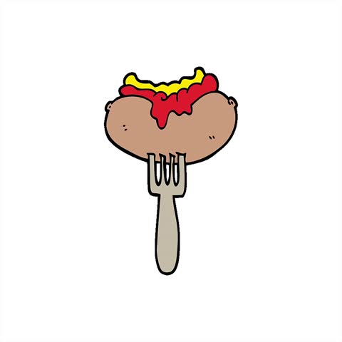 Simple looping animated hand drawn doodle style cartoon hotdog with mustard and ketchup on fork