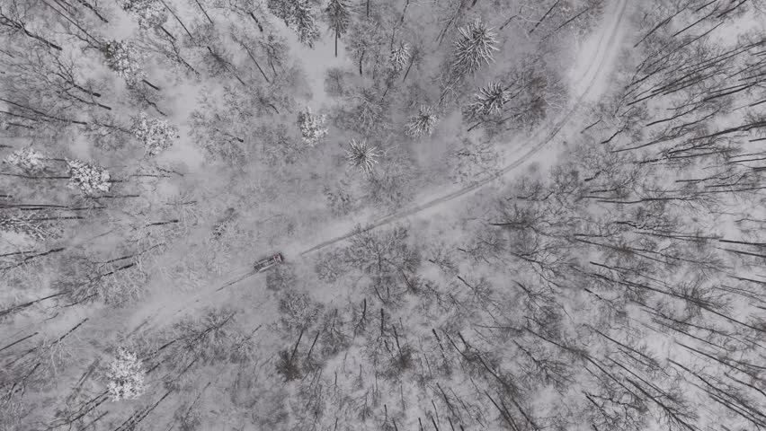 A drone view from above shows a vehicle driving along a winding road through a snow-covered forest.