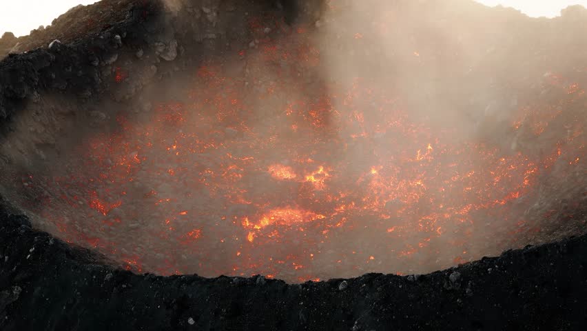 Close aerial view of explosive lava eruption inside Fuego volcano crater