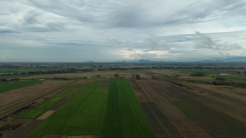 Panoramic Aerial View of Expansive Farmland with Green Fields and Mountains Under a Cloudy Sky