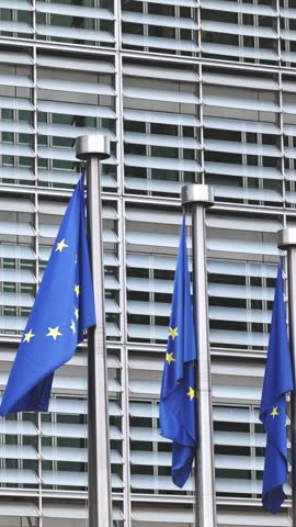 European Union Flags Fluttering In The Wind In Brussels, Belgium, Vertical Video