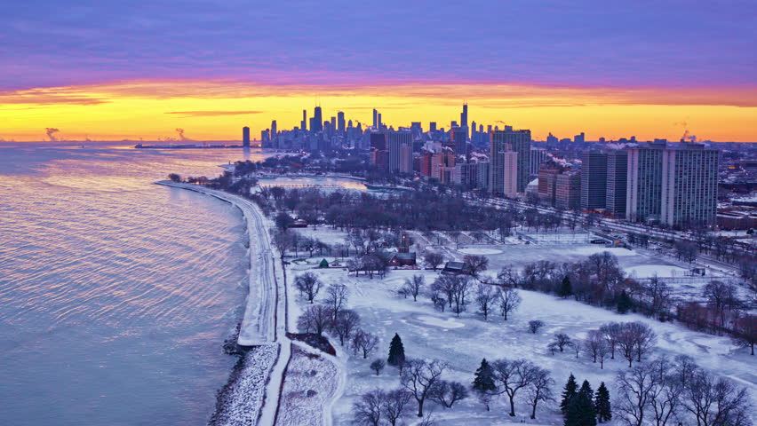 Scenic skyline sweep captured from above Lake Michigan