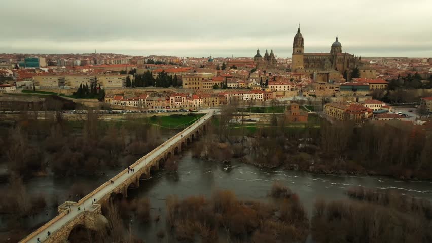 Salamanca Old Town Aerial Panorama with Cathedral and Roman Bridge, Spain