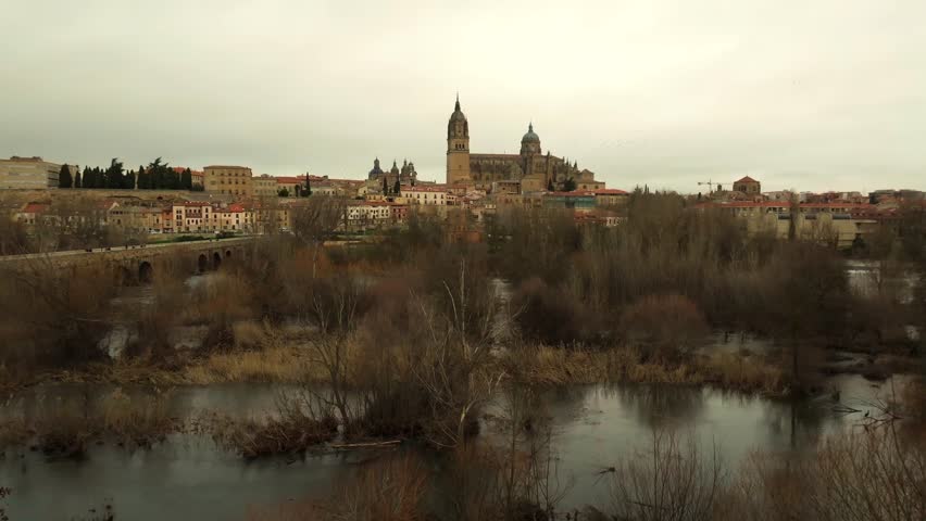 Salamanca Old Town Aerial Panorama with Cathedral and Roman Bridge, Spain